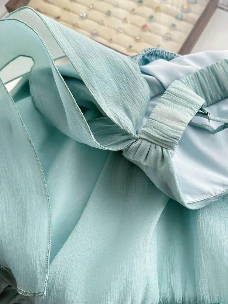Chic Mint Thin Spaghetti Straps Sheer Chiffon Off Shoulder Bow Sweetheart A Line Ruffle Short Homecoming Dress AS1350