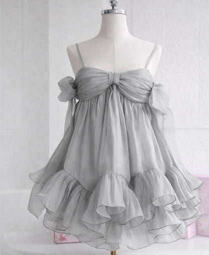 Chic Mint Thin Spaghetti Straps Sheer Chiffon Off Shoulder Bow Sweetheart A Line Ruffle Short Homecoming Dress AS1350