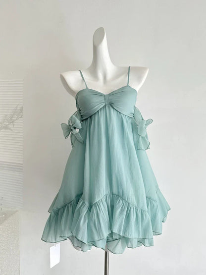 Chic Mint Thin Spaghetti Straps Sheer Chiffon Off Shoulder Bow Sweetheart A Line Ruffle Short Homecoming Dress AS1350