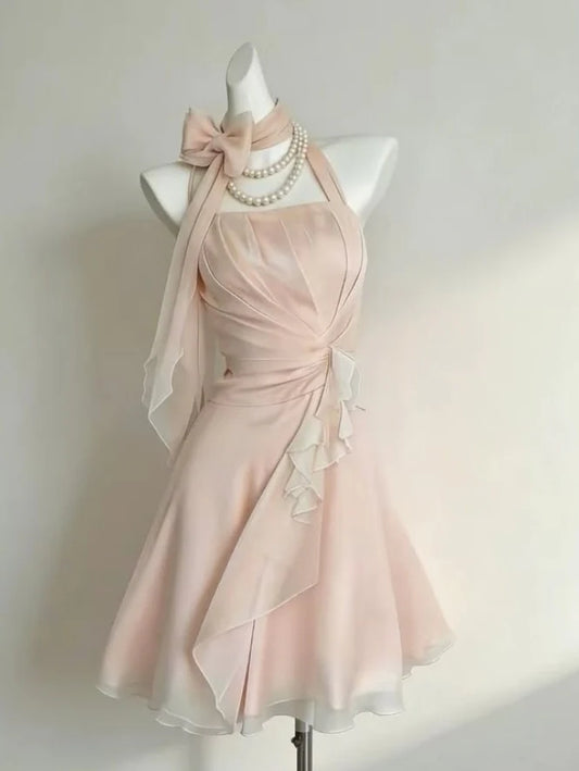 Elegant Blush Pink Halter Neck Pleated Chiffon Bow Neck Flowy A Line Short Homecoming Dress AS1351