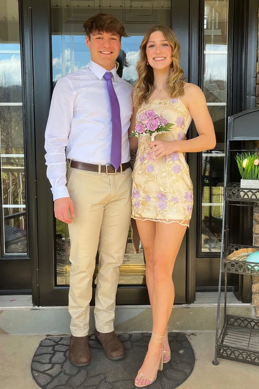 Glamorous Light Yellow Spaghetti Straps Bodycon Short Homecoming Dress With Lavender Floral Appliques AS1353