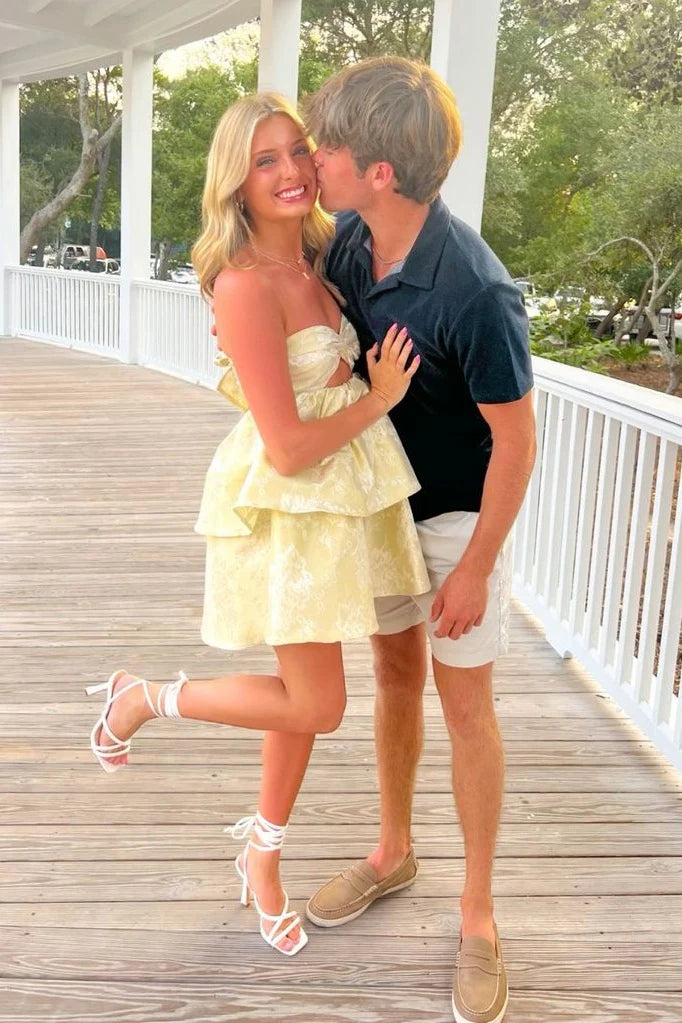 Cute Light Yellow Strapless Sweetheart Neck Keyhole A Line Tier Ruffle Short Homecoming Dress AS1354