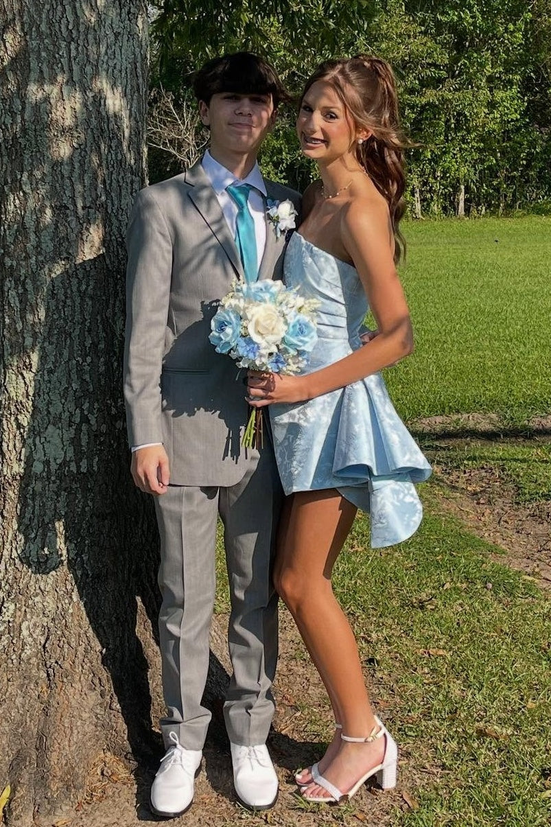 Elegant Light Blue Strapless Floral Jacquard Ruched Ruffle Train A Line Short Homecoming Dress AS1355