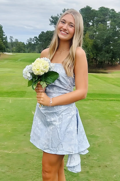 Elegant Light Blue Strapless Floral Jacquard Ruched Ruffle Train A Line Short Homecoming Dress AS1355