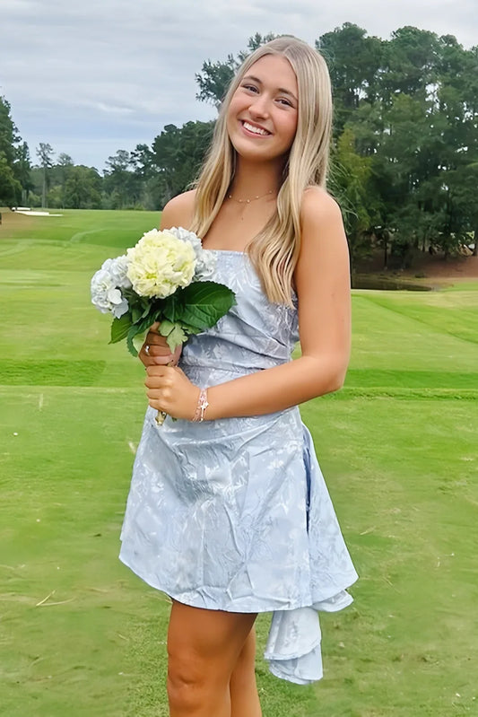 Elegant Light Blue Strapless Floral Jacquard Ruched Ruffle Train A Line Short Homecoming Dress AS1355