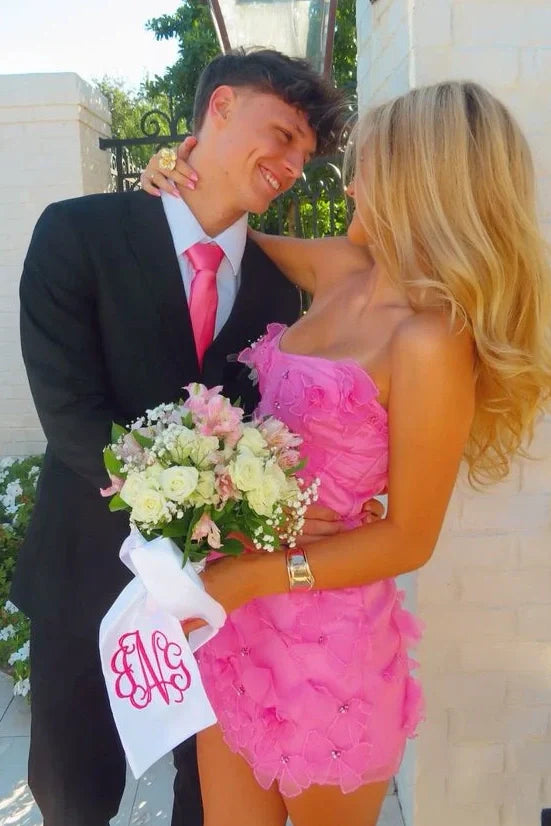 Chic Hot Pink Strapless 3D Floral Appliques Bodycon Short Homecoming Dress AS1356