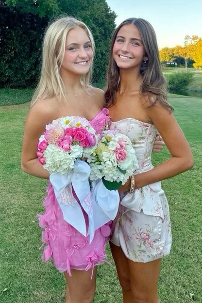 Chic Hot Pink Strapless 3D Floral Appliques Bodycon Short Homecoming Dress AS1356