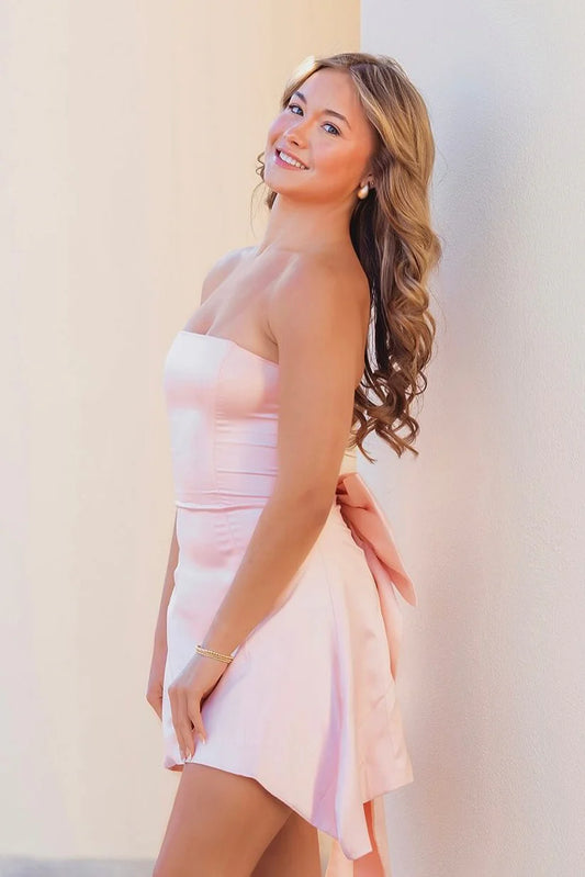 Pretty Light Pink Strapless A Line Short Homecoming Dress With Back Bowknot AS1363