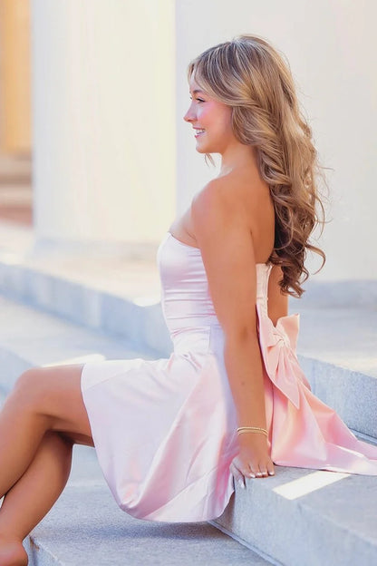 Pretty Light Pink Strapless A Line Short Homecoming Dress With Back Bowknot AS1363