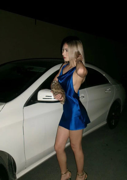Chic Royal Blue Halter Cowl Neck Satin Backless Bodycon Short Homecoming Dress AS1369