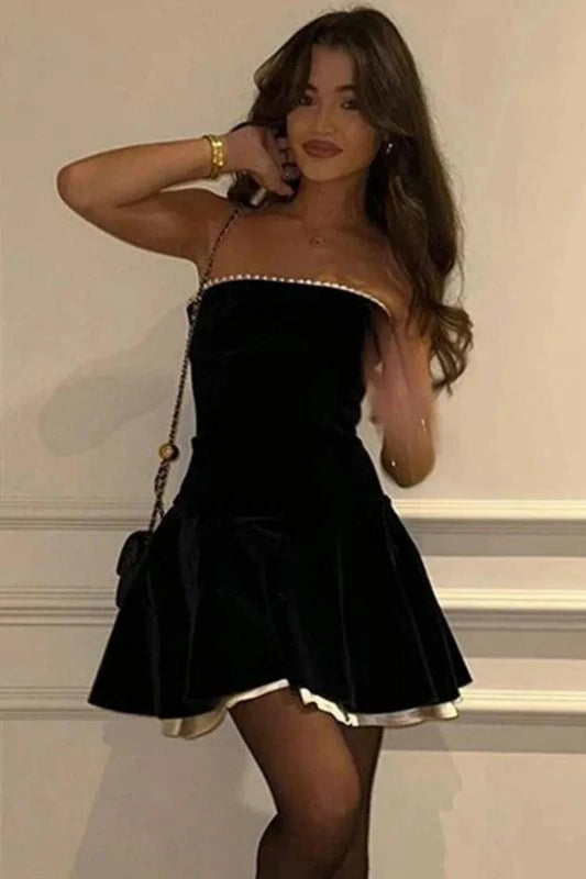 Sweety A Line Strapless Black Short Homecoming Dress With Criss Cross Back AS137