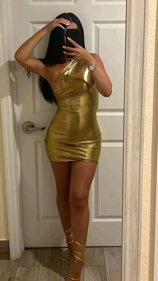 Chic Metallic Gold One Shoulder Bodycon Mini Homecoming Dress AS1370