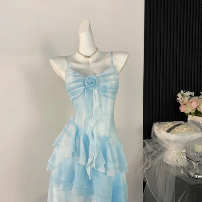 Gorgeous Light Blue Watercolor Spaghetti Straps 3D Floral Ruched Bust Multi-Layer A Line High Low Chiffon Homecoming Dress AS1373
