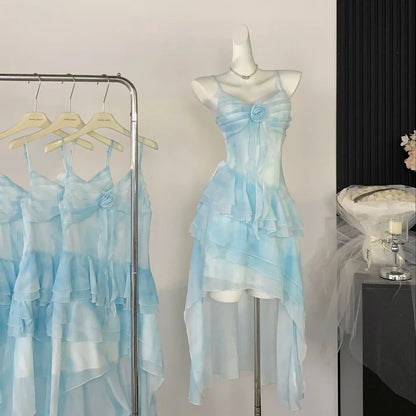 Gorgeous Light Blue Watercolor Spaghetti Straps 3D Floral Ruched Bust Multi-Layer A Line High Low Chiffon Homecoming Dress AS1373