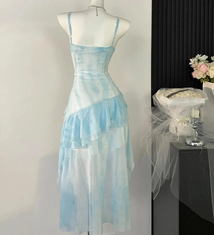 Gorgeous Light Blue Watercolor Spaghetti Straps 3D Floral Ruched Bust Multi-Layer A Line High Low Chiffon Homecoming Dress AS1373