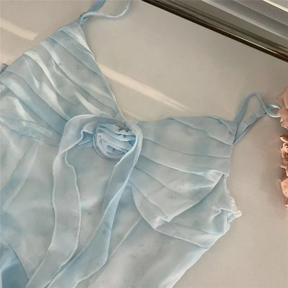 Gorgeous Light Blue Watercolor Spaghetti Straps 3D Floral Ruched Bust Multi-Layer A Line High Low Chiffon Homecoming Dress AS1373