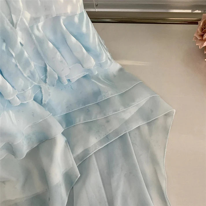 Gorgeous Light Blue Watercolor Spaghetti Straps 3D Floral Ruched Bust Multi-Layer A Line High Low Chiffon Homecoming Dress AS1373