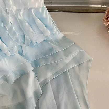 Gorgeous Light Blue Watercolor Spaghetti Straps 3D Floral Ruched Bust Multi-Layer A Line High Low Chiffon Homecoming Dress AS1373