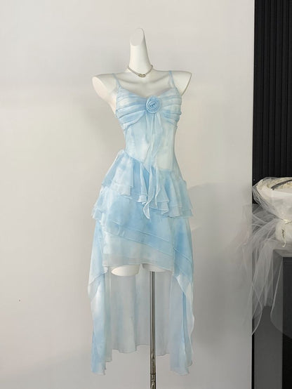 Gorgeous Light Blue Watercolor Spaghetti Straps 3D Floral Ruched Bust Multi-Layer A Line High Low Chiffon Homecoming Dress AS1373
