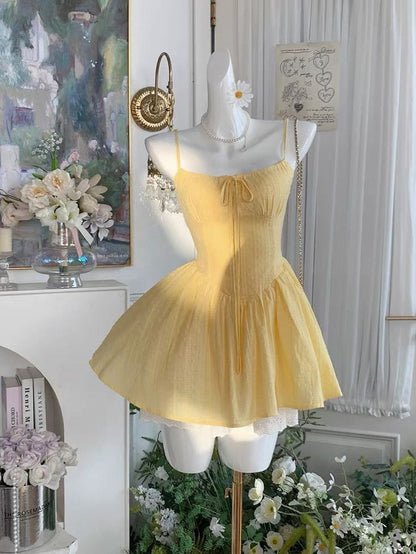 Lovely Yellow Spaghetti Straps Ruched Bust Corset White Lace Hem A Line Short Homecoming Dress AS1374