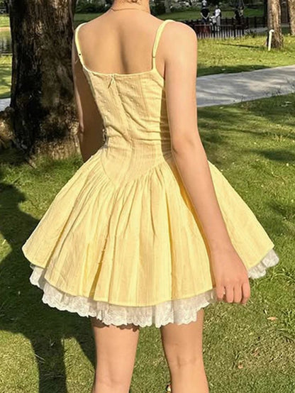 Lovely Yellow Spaghetti Straps Ruched Bust Corset White Lace Hem A Line Short Homecoming Dress AS1374