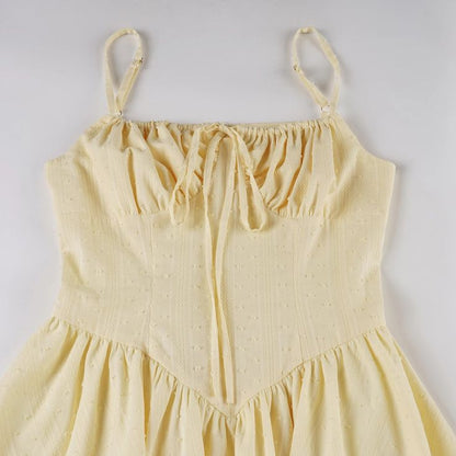 Lovely Yellow Spaghetti Straps Ruched Bust Corset White Lace Hem A Line Short Homecoming Dress AS1374
