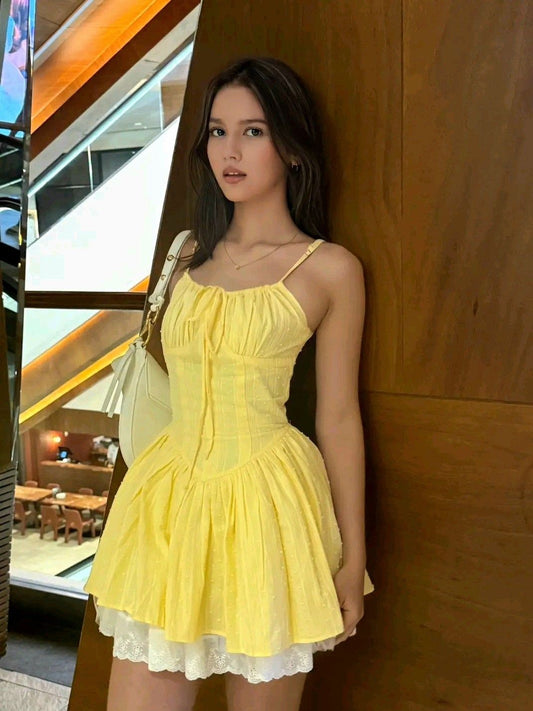 Lovely Yellow Spaghetti Straps Ruched Bust Corset White Lace Hem A Line Short Homecoming Dress AS1374