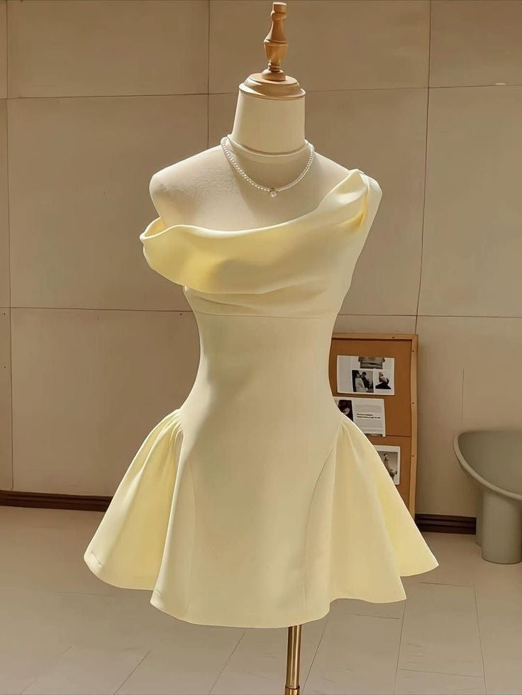 Sleek Yellow One Shoulder Draped Neck A Line Short Homecoming Dress AS1376