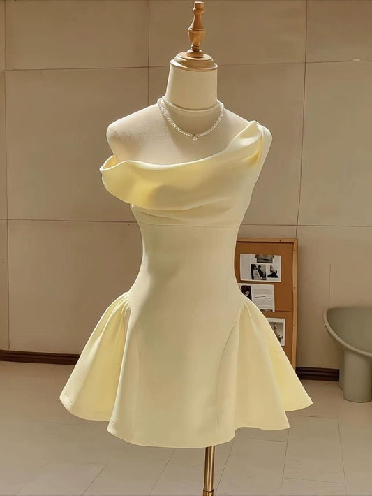 Sleek Yellow One Shoulder Draped Neck A Line Short Homecoming Dress AS1376