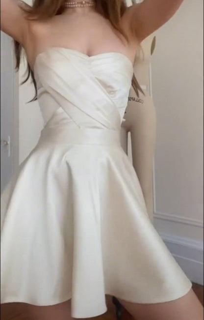 Chic White Strapless Sweetheart Cross Wrap Satin A Line Short Homecoming Dress With Long Ribbon AS1378