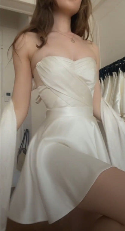 Chic White Strapless Sweetheart Cross Wrap Satin A Line Short Homecoming Dress With Long Ribbon AS1378