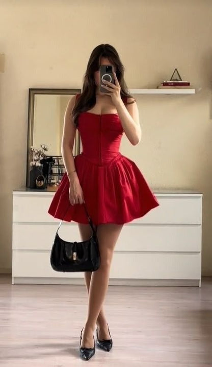 Glam Red Straps Corset A Line Short Homecoming Dress AS1379