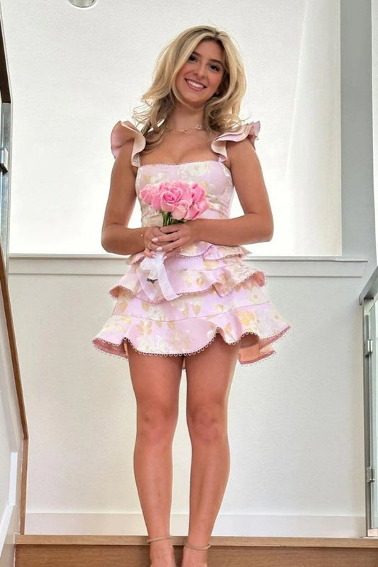 Fashionable A Line Square Neck Pink Short Homecoming Dress With Ruffles AS138