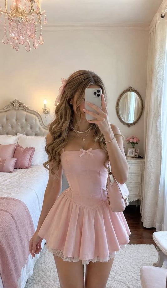 Lovely Light Pink Spaghetti Straps Tiny Bow Corset A Line Lace Hem Short Homecoming Dress AS1381