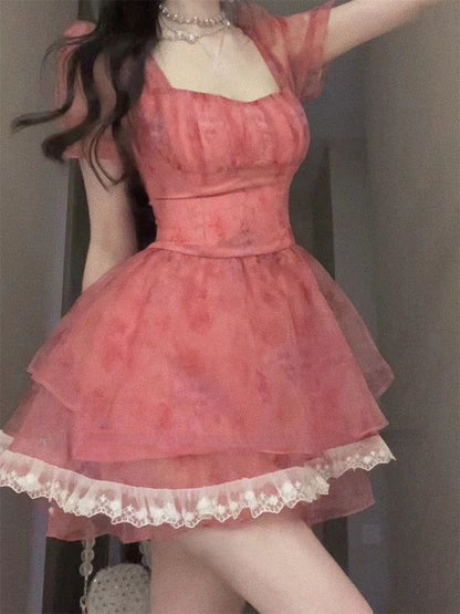 Romantic Dusty Pink Floral Square Neck Short Puff Sleeve Corset A Line Short Homecoming Dress AS1385