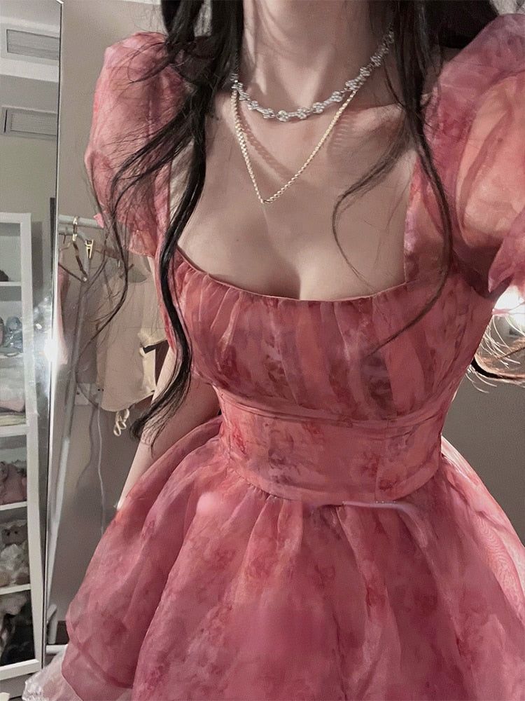Romantic Dusty Pink Floral Square Neck Short Puff Sleeve Corset A Line Short Homecoming Dress AS1385
