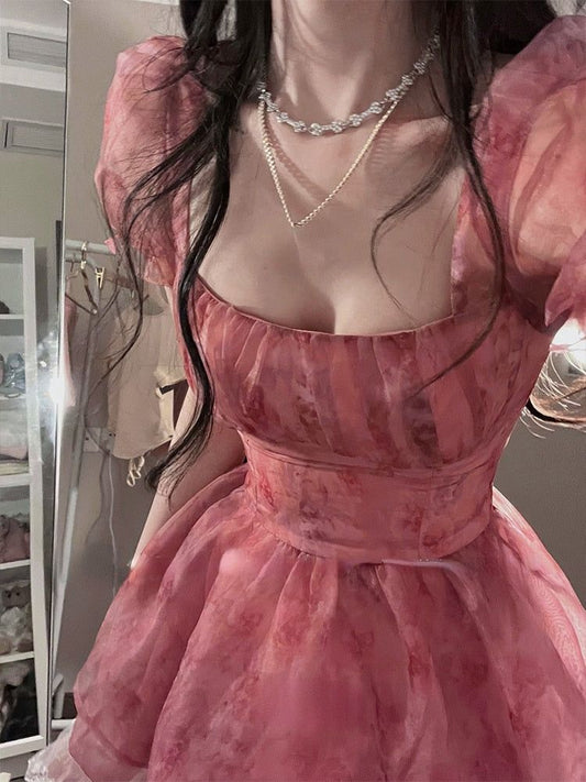 Romantic Dusty Pink Floral Square Neck Short Puff Sleeve Corset A Line Short Homecoming Dress AS1385