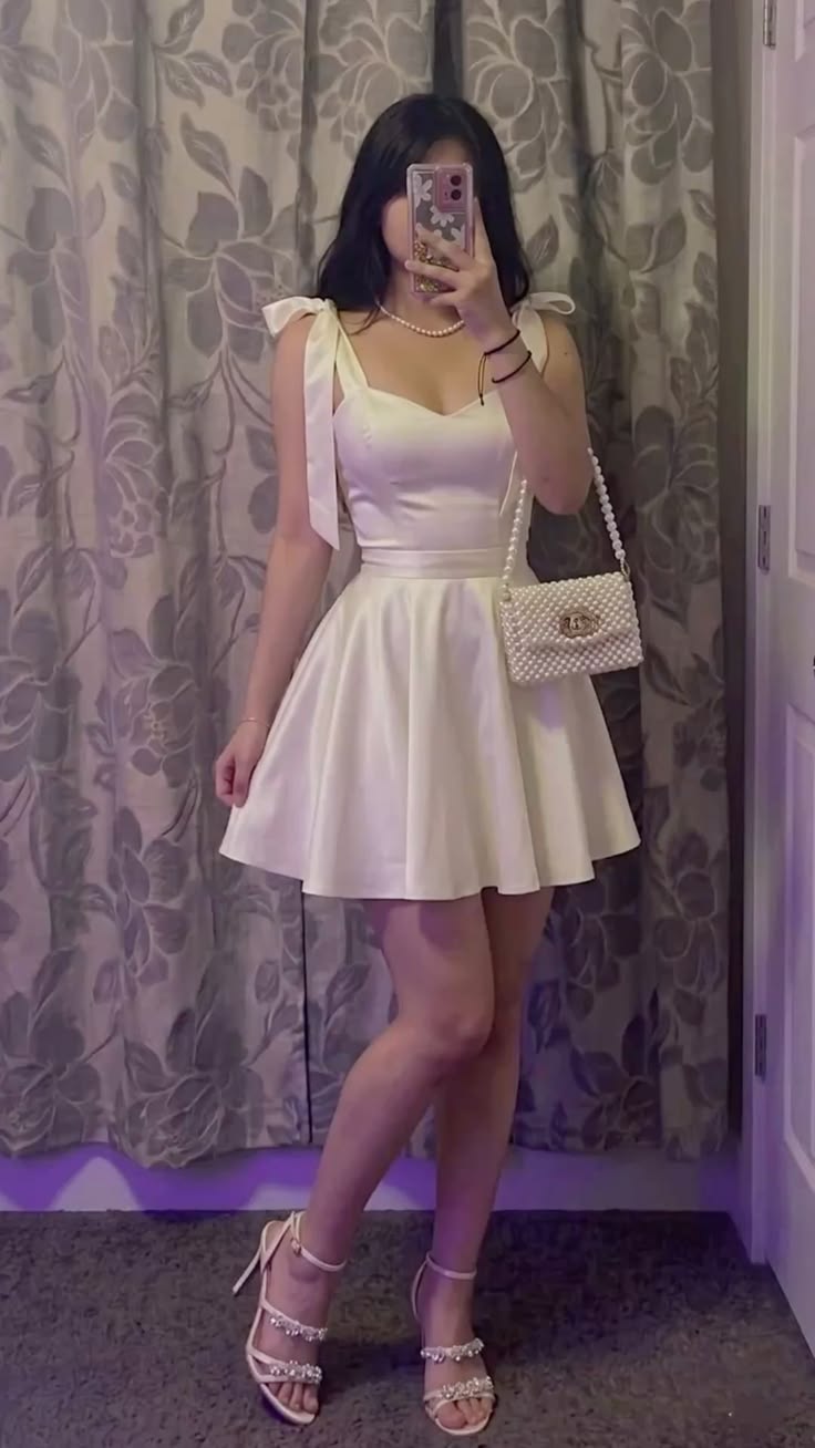 Chic Ivory Satin Straps With Shoulder Bows A Line Short Homecoming Dress AS1386