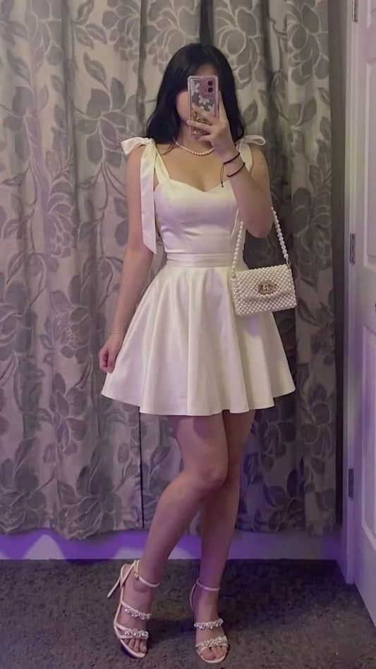 Chic Ivory Satin Straps With Shoulder Bows A Line Short Homecoming Dress AS1386