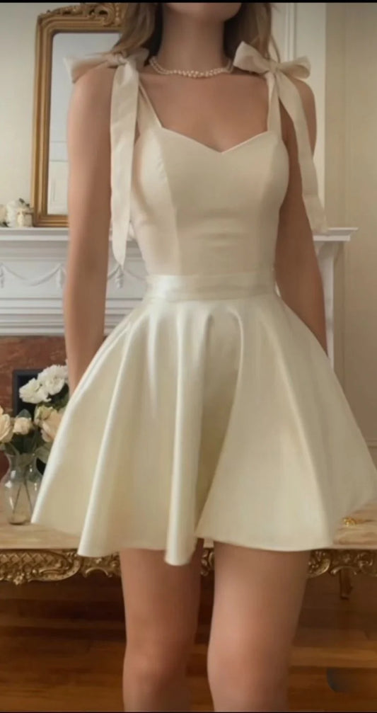 Chic Ivory Satin Straps With Shoulder Bows A Line Short Homecoming Dress AS1386