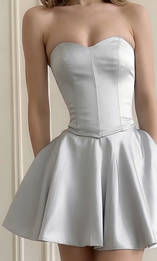 Chic Silver Strapless Sweetheart Neck Corset Satin A Line Short Homecoming Dress AS1387