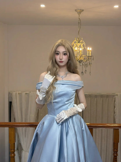Elegant Dusty Blue Off The Shoulder Satin Pleated A-Line Ball Gown Long Prom Dress AD1394