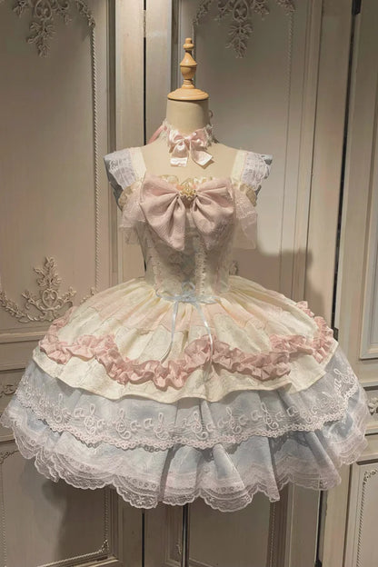 Sweet Pink Ruffle Straps Large Front Bow Lace Up Corset A Line Short Lace Trim Tiered Ruffle Short Homecoming Dress AS1391