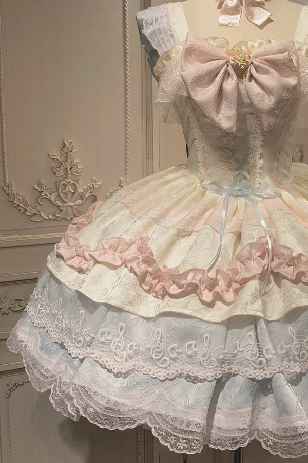 Sweet Pink Ruffle Straps Large Front Bow Lace Up Corset A Line Short Lace Trim Tiered Ruffle Short Homecoming Dress AS1391