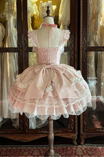 Sweet Pink Ruffle Straps Large Front Bow Lace Up Corset A Line Short Lace Trim Tiered Ruffle Short Homecoming Dress AS1391