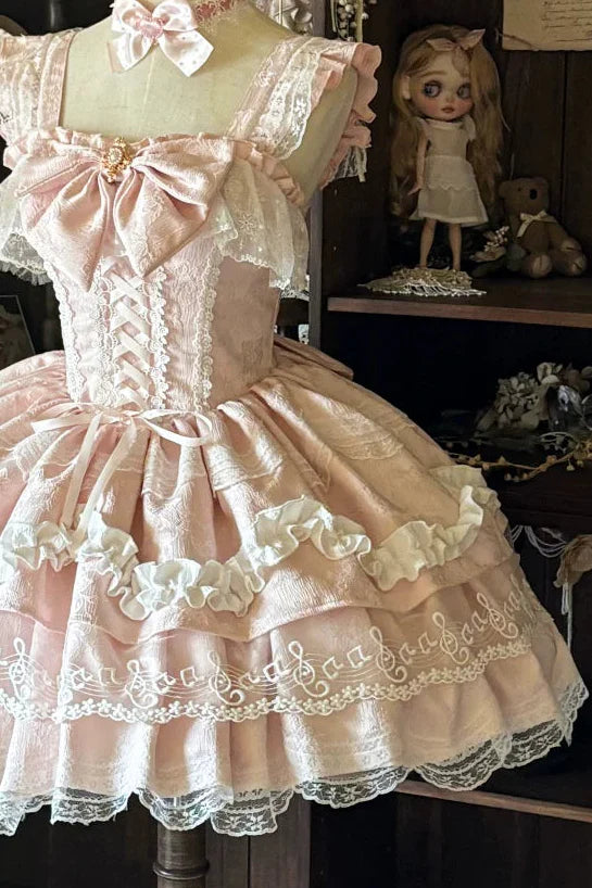 Sweet Pink Ruffle Straps Large Front Bow Lace Up Corset A Line Short Lace Trim Tiered Ruffle Short Homecoming Dress AS1391