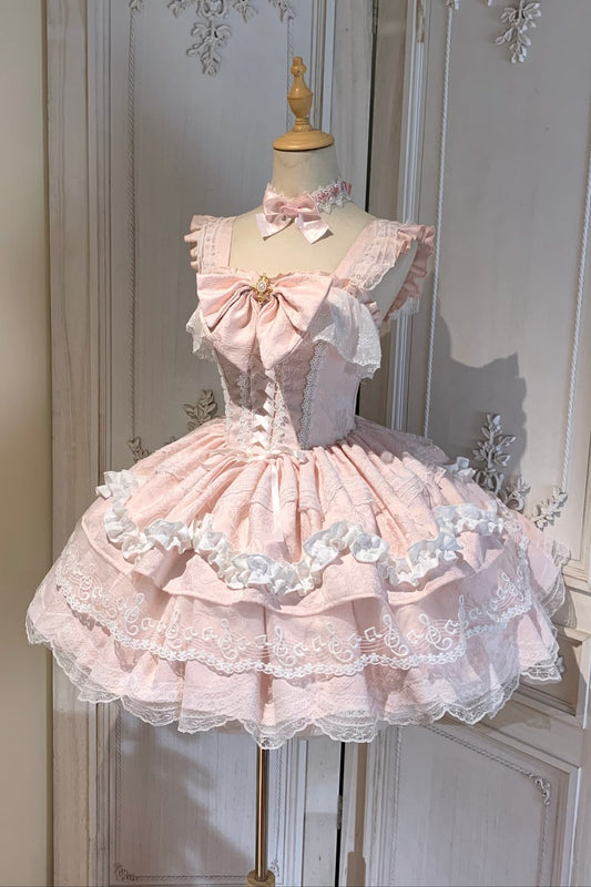 Sweet Pink Ruffle Straps Large Front Bow Lace Up Corset A Line Short Lace Trim Tiered Ruffle Short Homecoming Dress AS1391