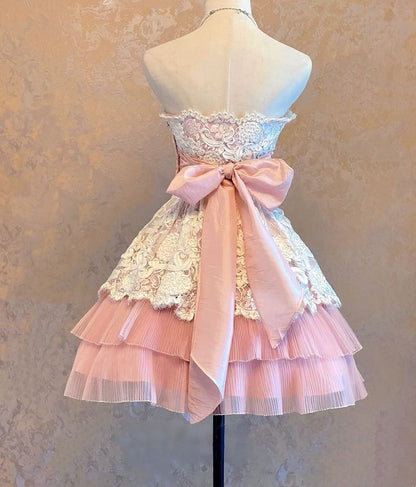 Lovely Pink Strapless White Floral Lace Overlay Pleated Tulle A Line Short Homecoming Dress With Back Bow AS1392