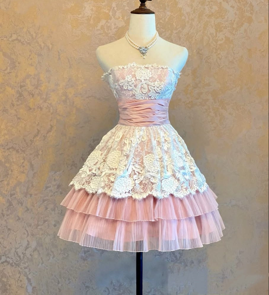 Lovely Pink Strapless White Floral Lace Overlay Pleated Tulle A Line Short Homecoming Dress With Back Bow AS1392