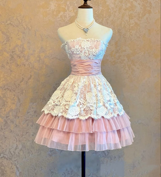 Lovely Pink Strapless White Floral Lace Overlay Pleated Tulle A Line Short Homecoming Dress With Back Bow AS1392